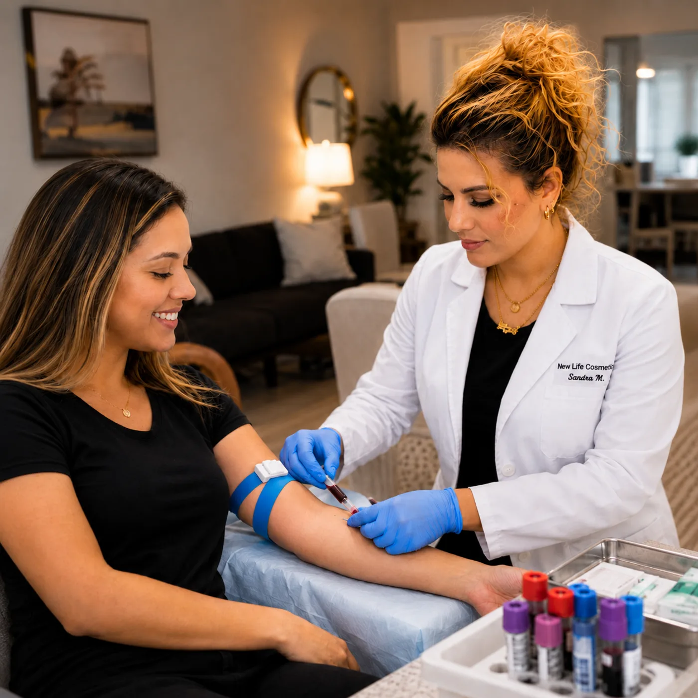 Sandra Maristan, CPT, performing a professional at-home blood draw for a smiling patient in her Central Florida home
