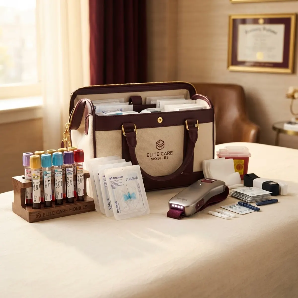 Organized mobile phlebotomy kit with blood collection tubes and portable vein finder device